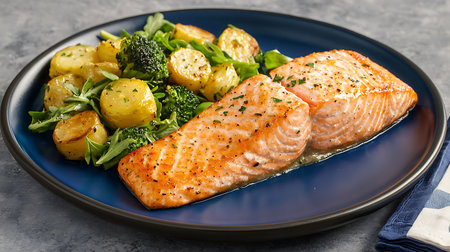 Salmon Steak with Potatoes and Salad on a Blue Plateの写真素材