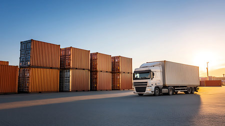 Container truck and shipping containers at sunset. Logistics and transportation concept.