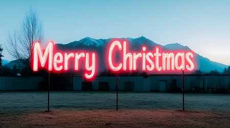 Merry Christmas written on red neon sign in front of snowy mountainsの写真素材