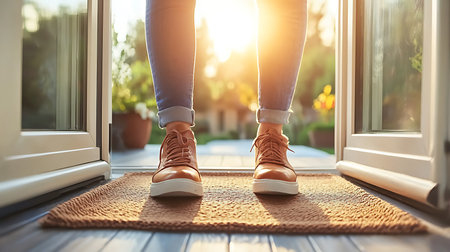 Woman standing on door mat at home, closeup of legs. Housewarming conceptの写真素材