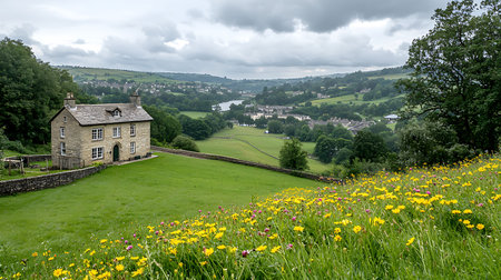 Idyllic countryside landscape image of a meadow with wildflowers and a cottage in the background