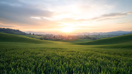 Sunset over green field in Tuscany, Italy, Europeの写真素材
