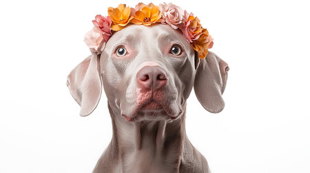 Weimaraner dog wearing a wreath of flowers on white backgroundの写真素材