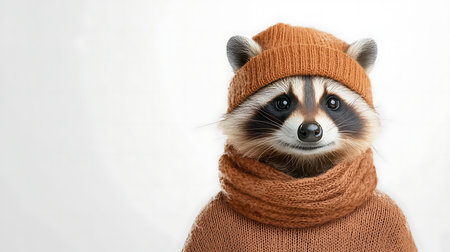 Raccoon in a knitted hat and scarf on a white backgroundの写真素材