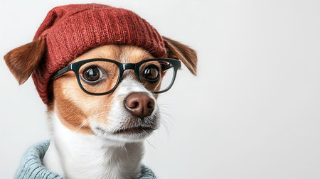 Cute dog in glasses and a knitted hat on a white backgroundの写真素材