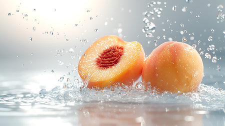 Fresh peaches falling into water with splash and drops on light backgroundの写真素材
