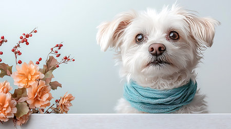 Cute Maltese dog with scarf and flowers on blue background.