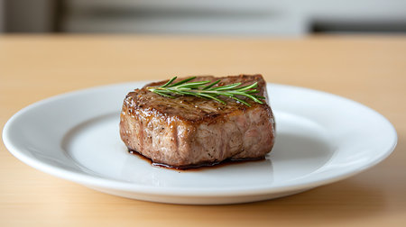 Grilled beef steak with rosemary on a white plate on a wooden table