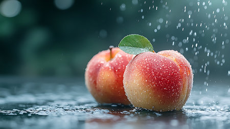 Fresh ripe nectarines with water drops on a dark background.の写真素材