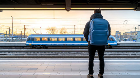 Rear view of a man waiting for a train at the station