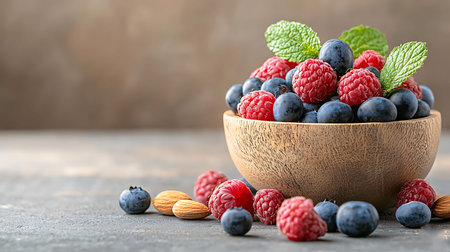 Bowl with fresh berries on grey table, closeup. Space for textの写真素材