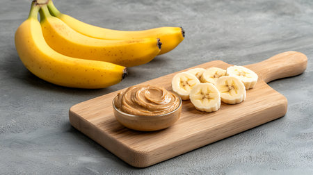 Peanut butter on a wooden board with bananas on a gray backgroundの写真素材