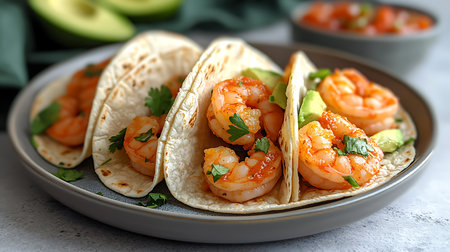 Tasty tacos with shrimps and avocado on grey table, closeupの写真素材