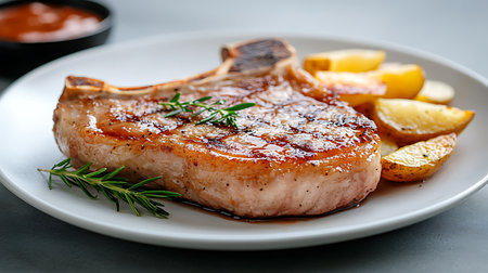 Grilled pork chop with potatoes and rosemary on a white plateの写真素材