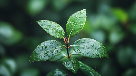 Green leaves with water drops, close-up. Nature background.の写真素材