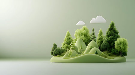 3d render of green landscape with trees, mountains and clouds.の写真素材