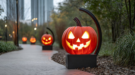 Halloween pumpkins in the park. 3D Rendering.の写真素材