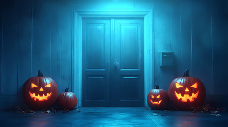 Halloween pumpkins in front of a door, 3d renderの写真素材