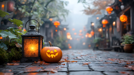 Halloween pumpkin lantern in a foggy street in the old townの写真素材
