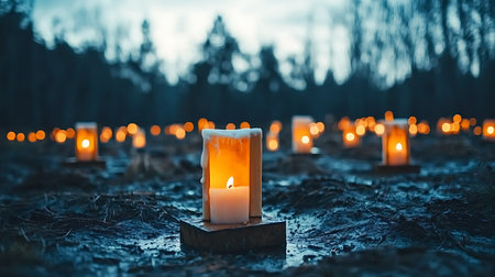 Burning candles in the forest at night. Candlelight in the forest.の写真素材