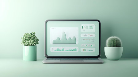 Laptop with statistics on screen on green background. 3d rendering.
