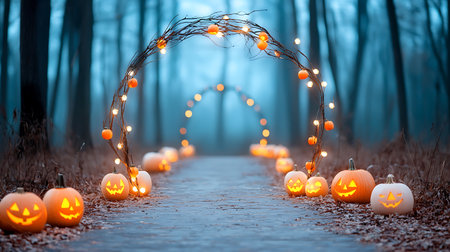 Halloween concept. Path in the forest with pumpkins and garlandの写真素材