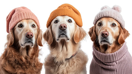 Group of three dogs in warm hats and scarves isolated on white backgroundの写真素材