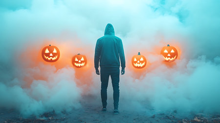 Halloween concept. A man in a hood with pumpkins on the background of foggy sky.の写真素材