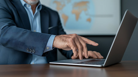 Businessman working with laptop in office. Close up of senior business man hands typing on laptop keyboard.の写真素材