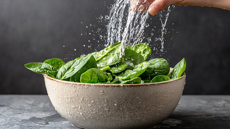 Spinach leaves in a bowl with water drops on a dark backgroundの写真素材