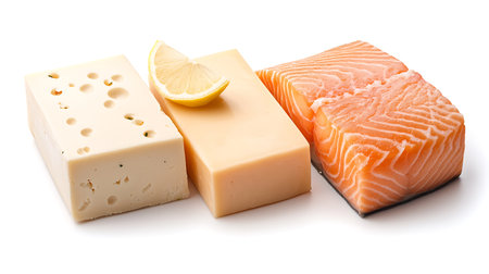 Salmon, cheese and salmon isolated on white background. Healthy food.の写真素材