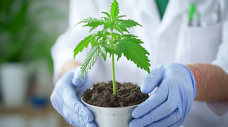 Hands of scientist holding a pot with cannabis seedling. Concept of growing hemp in the laboratoryの写真素材