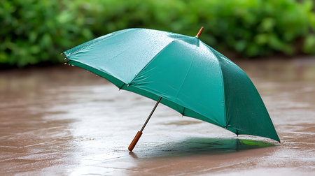 Green umbrella on wet floor in rainy season. Rainy weather conceptの写真素材
