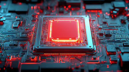 Close-up view of the electronic circuit board. 3D rendering