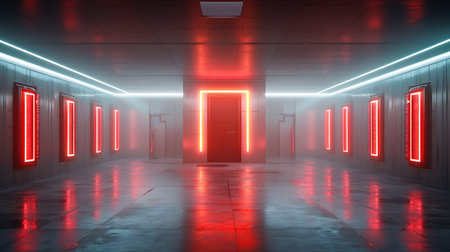 Futuristic corridor with glowing red neon lights. 3D rendering