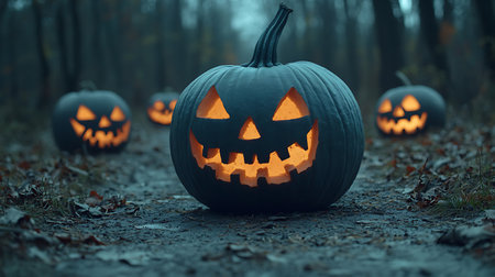 Halloween pumpkins with scary faces in the forest. 3d renderingの写真素材