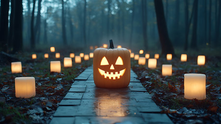 Halloween pumpkin in the forest with candles, 3d rendering.の写真素材