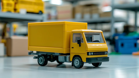 Toy truck on the background of the warehouse. The concept of logistics and transportation of goods.