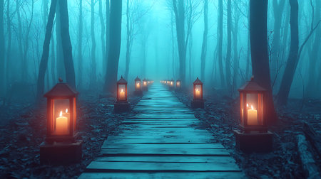 Wooden path in the misty forest with lanterns.の写真素材