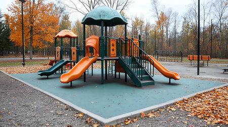 Playground in autumn park. Children's playground in the fall.