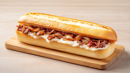 hot dog with bacon and mayonnaise on a wooden board.の写真素材