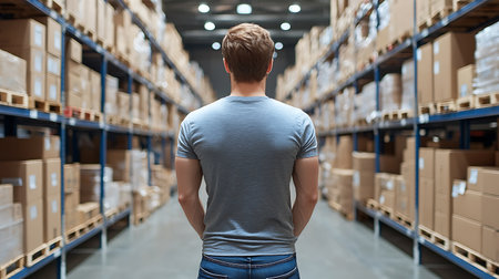 Rear view of young man standing in warehouse. This is a freight transportation and distribution warehouse. Industrial and industrial workers conceptの写真素材