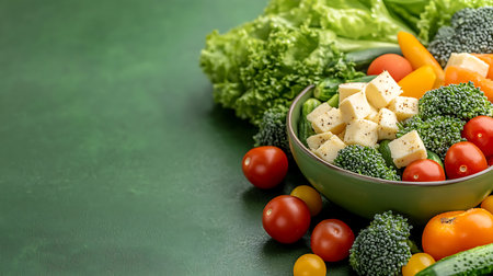 Vegetable salad in bowl on green backgroundの写真素材