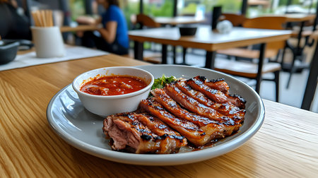 grilled pork with spicy sauce on table in restaurant, selective focusの写真素材