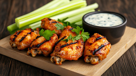 Grilled chicken wings with celery and sauce on wooden board.の写真素材