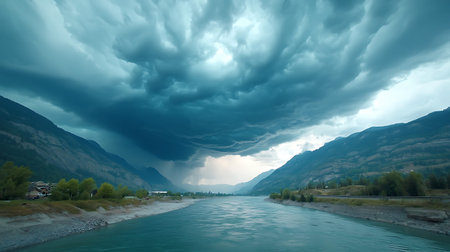 Stormy sky over the mountain river, Altai Republic, Russia