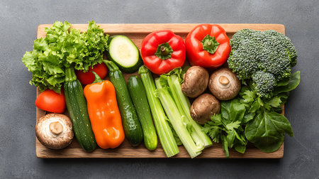 Fresh vegetables on a wooden board. Top view with copy space.の写真素材