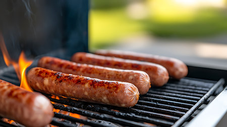 Grilling sausages on barbecue grill outdoors, closeup viewの写真素材