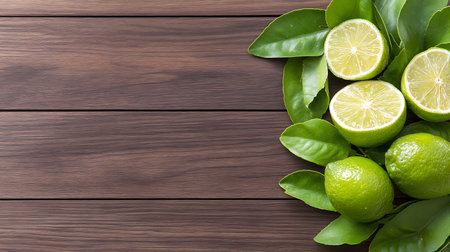 Fresh limes with leaves on wooden table. Top view with copy space