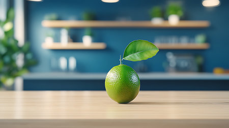 Green lime with leaf on wooden table in kitchen. Mock up, 3D Renderingの写真素材